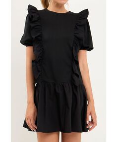 Женское мини-платье смешанной техники с рюшами English Factory, черный