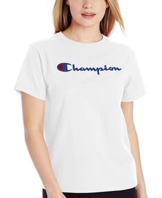 Женская хлопковая классическая футболка с круглым вырезом и логотипом Champion, белый