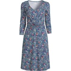 Женское высокое легкое хлопковое платье из модала с рукавами 3/4 и расклешенным v-образным вырезом Lands&apos; End