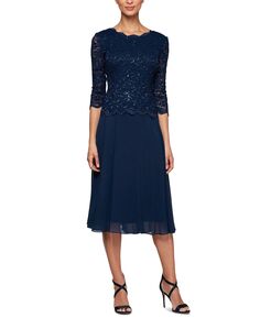 Контрастное кружевное платье с пайетками Alex Evenings, синий