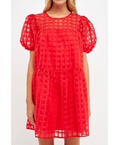 Женское платье с пышными рукавами в сетку English Factory, красный