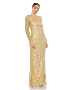 Женское платье с пайетками и длинными рукавами, V-образным вырезом и бахромой из бисера MAC DUGGAL, золотой