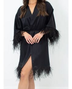 Женский шелковый халат — короткий — отделка страусиными перьями по низу и рукавам — коллекция шелка Le Laurier Bridal