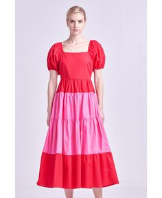 Женское платье макси с цветными блоками и пышными рукавами English Factory, красный