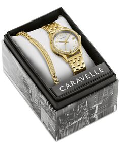 Женские часы-браслет из нержавеющей стали с кристаллами золотистого цвета, 32 мм, подарочный набор Caravelle, золотой