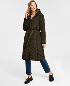 Женское стеганое пальто с капюшоном и поясом DKNY