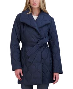 Женское асимметричное стеганое пальто с поясом Tahari, темно-синий