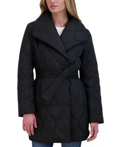 Женское асимметричное стеганое пальто с поясом Tahari, черный