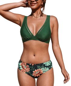 Женский купальник бикини со средней талией и цветочным принтом на спине, купальный костюм CUPSHE, зеленый