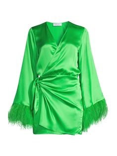 Мини-платье Luna с запахом и отделкой перьями Delfi, зеленый