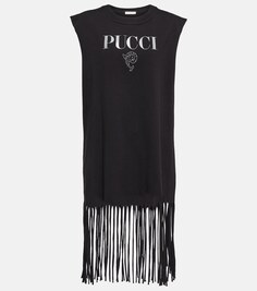Хлопковое мини-платье с кисточками и логотипом PUCCI, черный