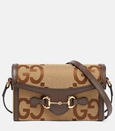 Маленькая сумка через плечо Horsebit 1955 из холщовой ткани Gucci, коричневый