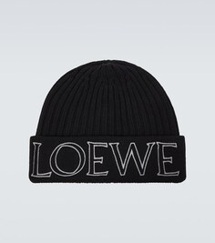 Шапка-бини из шерсти с вышитым логотипом Loewe, черный