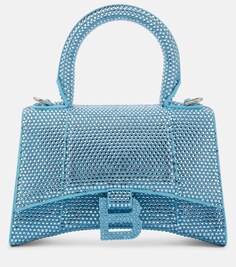 Замшевая сумка-тоут Hourglass Mini с декором Balenciaga, синий