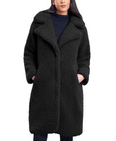 Женское плюшевое пальто с длинными рукавами и воротником-стойкой для миниатюрных размеров BCBGeneration, черный