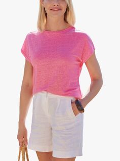 Льняная футболка с вырезом лодочка Pure Collection, ярко-розовая
