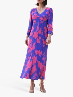 Платье миди с присборенными рукавами и V-образным вырезом с цветочным принтом Pure Collection, синий/розовый