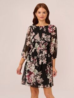 Adrianna Papell Шифоновое эластичное мини-платье с цветочным принтом, Черный/Мульти