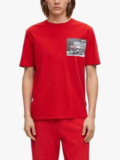 Хлопковая футболка с принтом BOSS Motor, ярко-красная