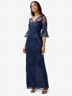 Платье макси Adrianna Papell с вышивкой пайетками, темно-синее