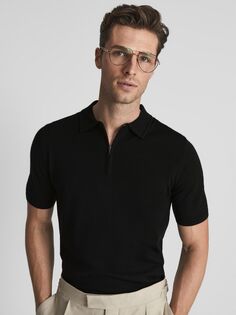 Рубашка-поло с воротником на молнии Reiss Maxwell Merino, черная