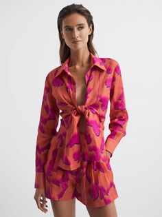 Льняная блузка Reiss Corrine с завязкой спереди, розовый/оранжевый