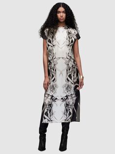 Платье макси из смесового шелка AllSaints Etta Pattie, бело-бежевый/черный