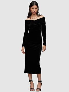 Бархатное облегающее платье миди AllSaints Delta, черный