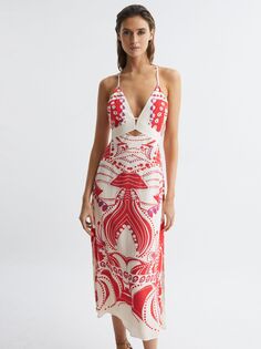 Платье миди Reiss Ebony с воротником халтер, коралловый/мульти