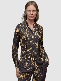 AllSaints Toni Ronnie Атласная рубашка с абстрактным принтом, черный/золотой