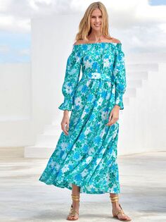 Хлопковое многоярусное платье макси в стиле ретро с цветочным принтом Aspiga Holly, цвет морской волны