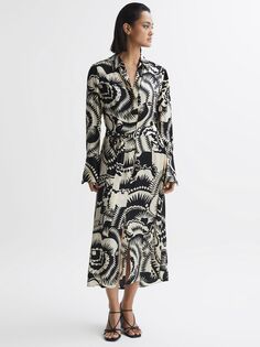 Платье миди с поясом и абстрактным принтом Reiss Tilly, белый/черный