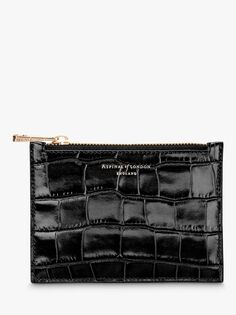 Маленькая плоская сумка Aspinal of London Essential из блестящей кожи крокодила, черная