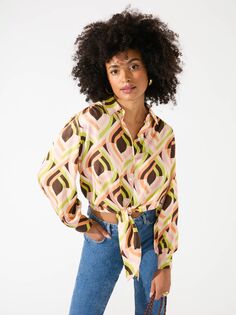 Ro&amp;Zo Рубашка с абстрактной завязкой на подоле, коричневый/зеленый Ro&Zo
