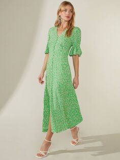Ro&amp;Zo Платье миди с цветочным принтом и рюшами и пуговицами спереди, Зеленый/Мульти Ro&Zo