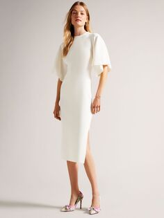 Трикотажное облегающее платье миди с рифлеными рукавами Ted Baker Lounia, белое