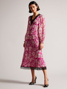 Платье миди с длинными рукавами и кружевной отделкой Ted Baker Izobele, ярко-розовое
