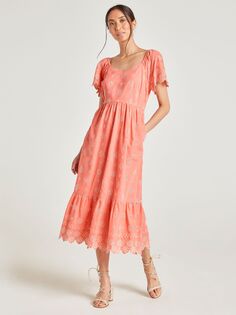 Платье миди с вышивкой из органического хлопка Thought Andrina, кораллово-оранжевый