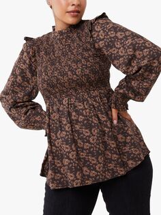 Блузка FatFace Tally с присборами и цветочным принтом, теплый коричневый