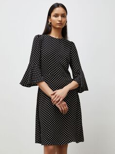 Платье Finery Quinn с рифлеными рукавами и точечным принтом, черный