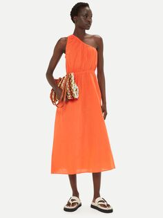 Простое асимметричное платье-миди из смесового льна Whistles, оранжевое