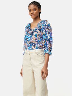 Хлопковая жатая блузка с цветочным принтом Jigsaw Rave, Синий/Мульти