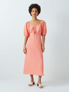 Платье миди John Lewis Anyday с однотонным вырезом из смесового льна кораллового цвета