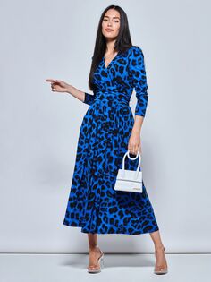 Платье макси с длинными рукавами и животным принтом Jolie Moi, синее