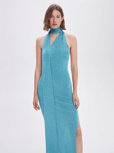 Платье макси с асимметричным вырезом и металлизированным вырезом Mango Beast, средний синий