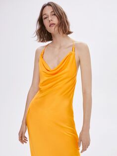 Атласное платье-комбинация с воротником-хомутом Mango Griega, оранжевое