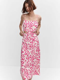 Платье миди из смесового льна с цветочным вырезом Mango Olimpia, ярко-розовое