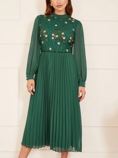 Плиссированное платье-миди с длинными рукавами и вышивкой Yumi, зеленое