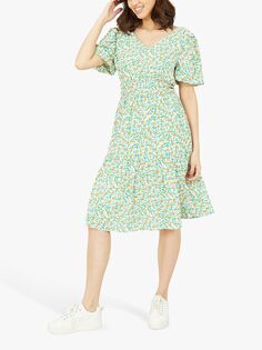 Платье миди Mela London со сборками и пышными рукавами Daisy, Зеленый/Мульти Yumi