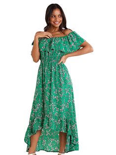 Платье Mela London с принтом Ditsy Bardot и глубоким подолом, зеленый Yumi